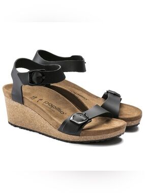 Birkenstock Papillio Soley Black Leather Wedge Sandals with Buckle Straps size 9